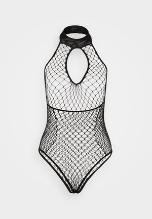 Bodysuit en résille noire avec un col haut et un dos ouvert, présentant un motif géométrique et un design ajusté. Texture lisse avec des bords élastiques.
