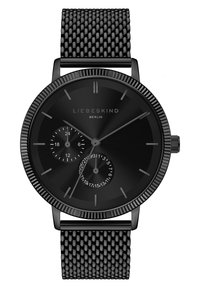 Schwarze Mesh-Armbanduhr mit einem runden Gehäuse. Das matte schwarze Zifferblatt verfügt über minimalistische Stundenmarkierungen und ein Zusatzdisplay für das Datum in einem eleganten Design.