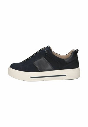 Navy blue sneakers with a smooth leather and suede upper, featuring a contrasting stripe, a chunky white sole, and elastic laces.