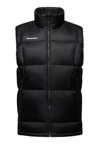 Schwarze gepolsterte ärmellose Jacke mit Frontreißverschluss, hohem Kragen, Seitentaschen und "Mammut"-Logo auf der linken Brust.