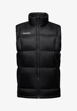 Sort polstret ærmeløs jakke med frontlynlås, høj krave, sidelommer og "Mammut"-logo på venstre bryst.