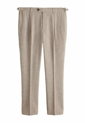 Beige, maßgeschneiderte Stoffhosen mit Knopfverschluss, seitlichen Einstellriemen und gebügelten Bügelfalten, hergestellt aus leichtem, strukturiertem Stoff.