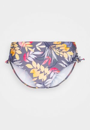 Parte inferiore di bikini floreale con una base viola, decorata con motivi di foglie multicolori in giallo, rosso e verde. Include lacci laterali regolabili.