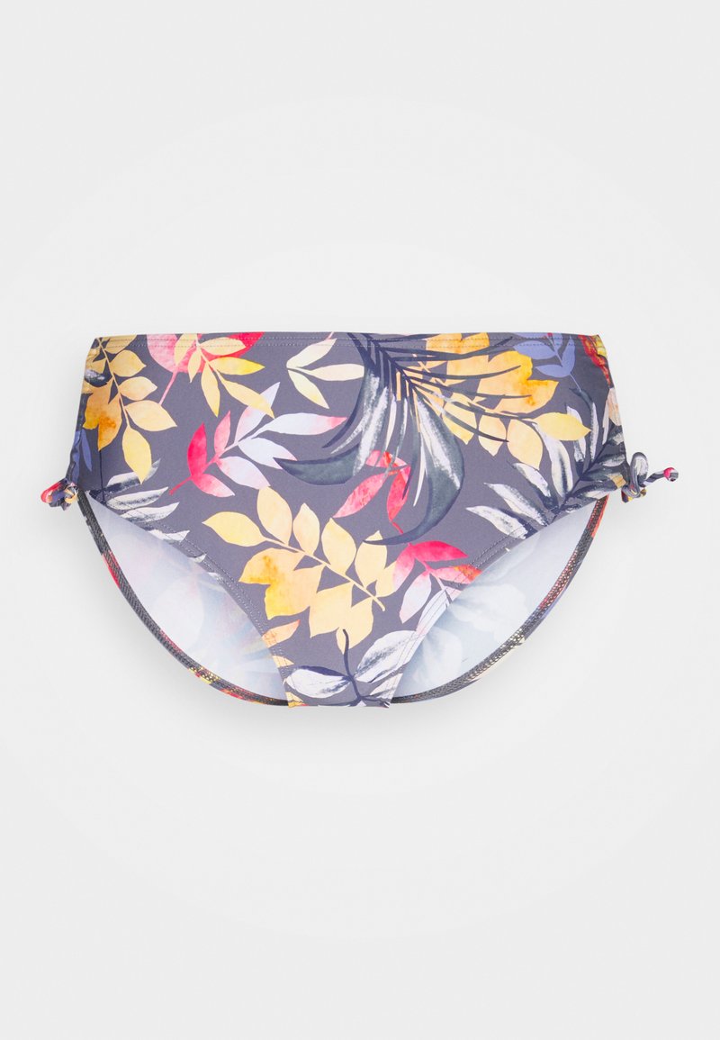 Parte inferior de bikini floral con base morada, presenta un diseño de hojas multicolores en amarillo, rojo y verde. Incluye lazos laterales ajustables.