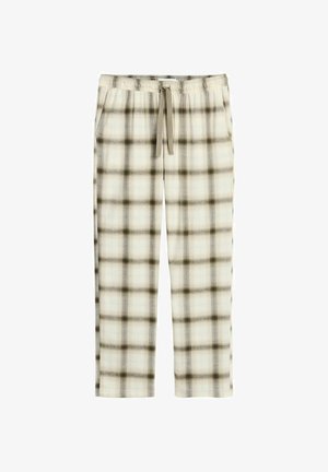 Ternet loungbukser i beige og mørkebrun. Letvægtsmateriale, elastisk talje med snor og sidelommer.