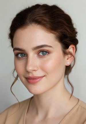 Nahaufnahme einer Person mit heller Haut und braunem Haar, die blaue Augen, dezentes Make-up und einen silbernen, sternförmigen Ohrring trägt.