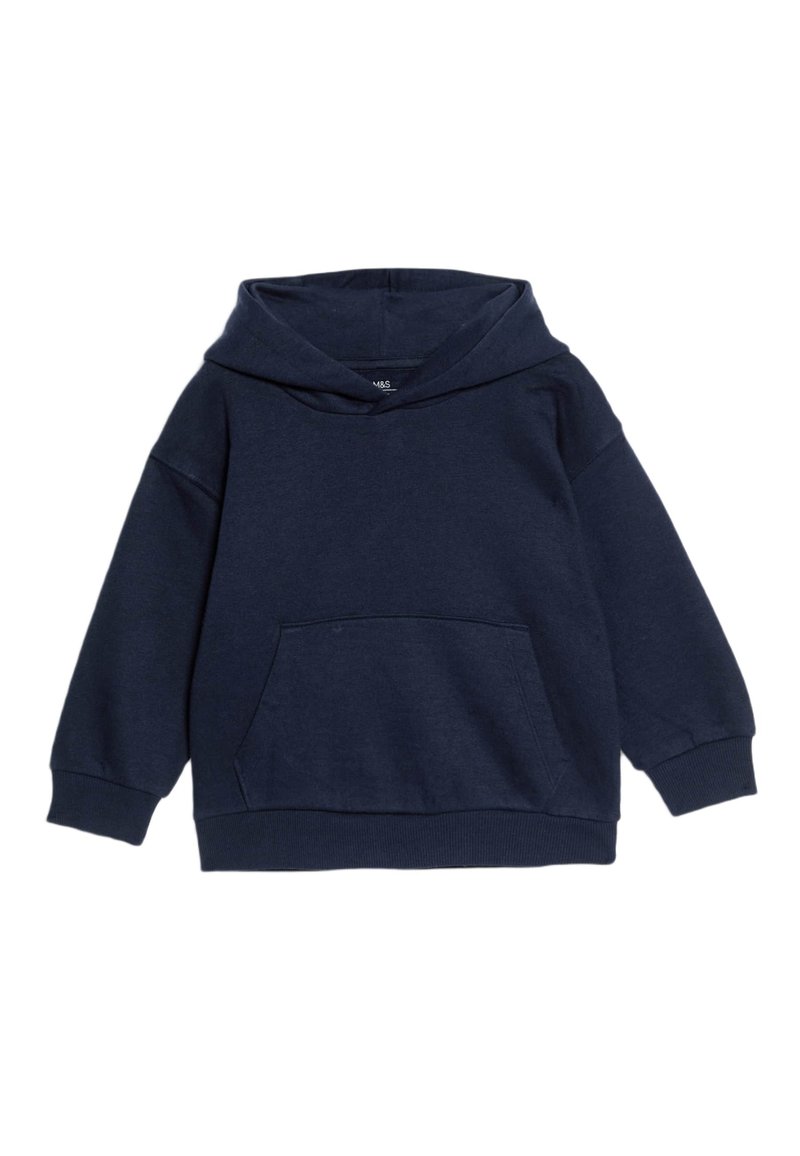 Felpa con cappuccio blu navy realizzata in tessuto misto cotone. Presenta una tasca frontale, polsini a coste e un design dal taglio rilassato.