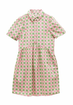 Kurzärmliges Kleid in rosa, weißem und grünem Blumenmuster mit Kragen, Knopfleiste und gerafftem Tailleneinsatz. Baumwollstoff, knielang.