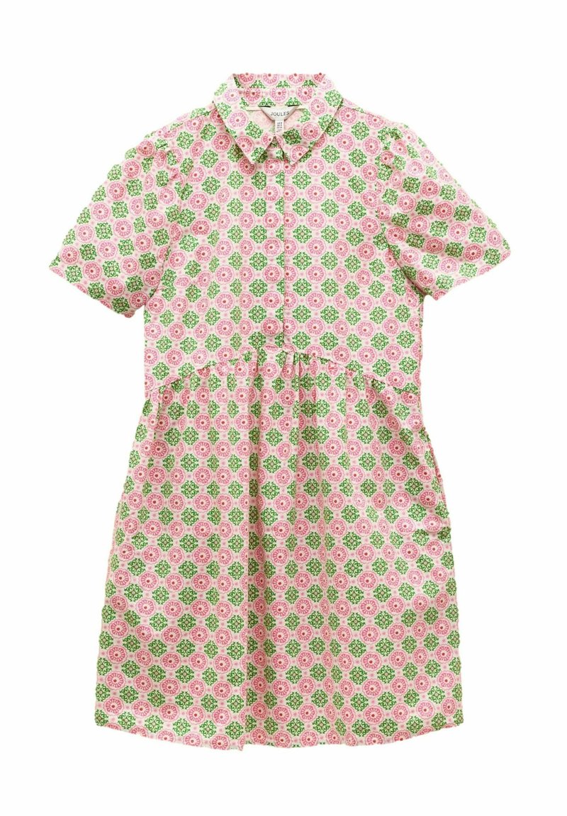 Lühikeste varrukatega kleit, millel on roosa, valge ja rohelise lillemustriga, krae, nupukinnitus ja kogutud talje. Puuvillane kangas, kuni põlve pikk.