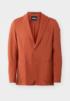 Orange textured blazer with a notched lapel, two front pockets, and a single button closure. Labeled "BOSS" in the collar.