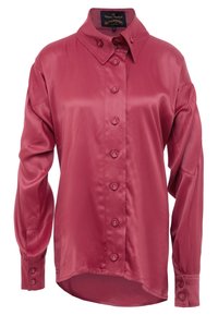 Červená saténová košile na knoflíky s špičatým límcem, šesti předními knoflíky a dlouhými rukávy. Má volný střih a mírně zakřivený lem.