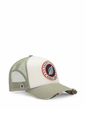 Casquette de baseball avec dos en mesh beige, panneau avant crème, et écusson rond indiquant « Sweet Pants Since 1982 » avec un emblème de feuille.
