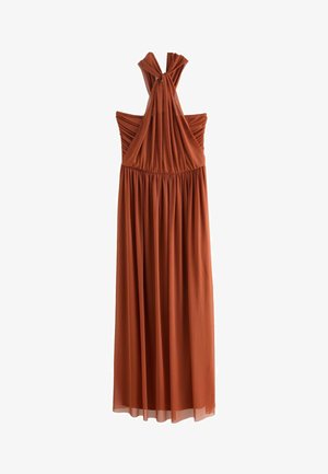 Robe couleur rouille avec un design plissé, des bretelles ajustables et une jupe fluide et froncée. Fabriquée en tissu léger et lisse.