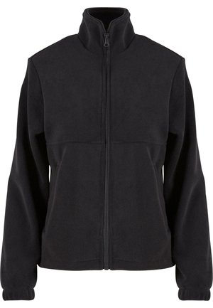 Črna flis jakna z visokim ovratnikom in polnim zadrgo. Ima dolge rokave in gladko teksturo, zasnovana za toploto in udobje.