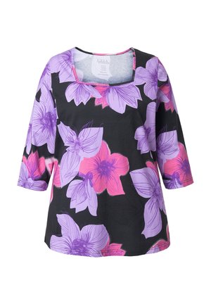 Musta tunika, jossa on kolme neljäsosaa hihoja ja suuret violetin ja pinkin kukkakuvioinnit teksturoidulla kankaalla, neliönmuotoinen pääntie.