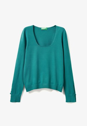 Pull en teal avec décolleté carré, manches longues et ourlet côtelé. Présente des accents de boutons sur les poignets. Fabriqué à partir d'un matériau doux et extensible.