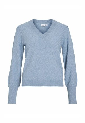 Light blue v-neck sweater made of textured knit fabric. Features ribbed cuffs and hem, with slightly puffed long sleeves and a relaxed fit.