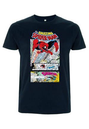 Navy bomulds t-shirt med et grafik af Spider-Man i aktion, med komisk stripdesign og fed tekst ovenfor i rød og gul.