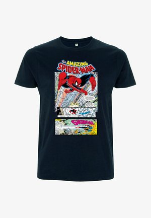 Granatowa bawełniana koszulka z grafiką Spider-Mana w akcji, z wzorami nawiązującymi do komiksów oraz wyraźnym tekstem powyżej w czerwonym i żółtym kolorze.