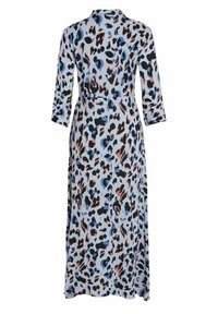 Robe longue bleu clair avec manches trois-quarts, col et motif léopard abstrait noir, bleu et marron.