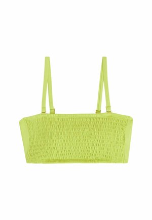 Top corto smockato di un brillante verde lime con spalline sottili regolabili e forma rettangolare, caratterizzato da dettagli testurizzati sul tessuto.