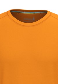 Oranssi lyhythihainen T-paita, jossa on pyöreä kaulus, sileä pinta ja tasosaumat. Sisältää logon ja raidallisen yksityiskohdan kauluksessa.