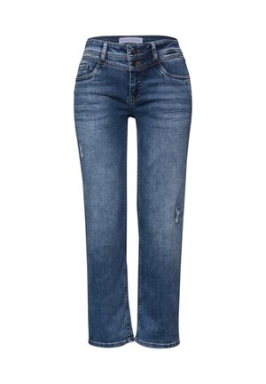 Blue denim jeans with slim straight legs, double button waist, slight distressing on thighs, and front and back pockets.