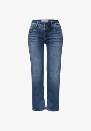 Jeans in denim blu con gamba slim dritta, vita a doppio bottone, leggero strappo sulle cosce e tasche anteriori e posteriori.