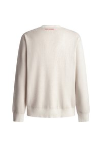 Beiger Strickpullover mit langen Ärmeln, gerippten Bündchen und Saum. Verfügt über eine subtile Textur und ein rotes "PEPE JEANS"-Logo am hinteren Kragen.