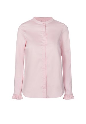 Light pink long-sleeve blouse with hidden buttons, round collar, and ruffled cuffs on sleeves.