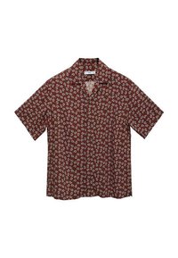 Košulja kratkih rukava u boji maroon s bijelim uzorkom paisley, s izrezanim ovratnikom i prednjim gumbima, izrađena od laganog materijala.