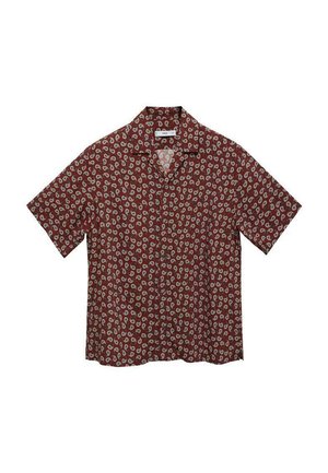 Korte mouwen shirt in bordeaux met een witte paisleypatroon, voorzien van een uitgesneden kraag en knoopsluiting aan de voorkant, gemaakt van lichtgewicht stof.