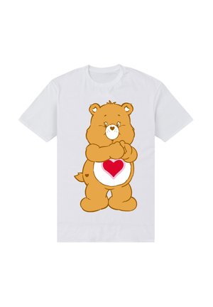 Witte T-shirt met een cartoonbeer met een bruine lichaam, een hart op zijn buik en een glimlachende uitstraling, staand met gekruiste armen.