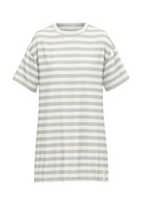 Randig t-shirt i ljusgrått och vitt, tillverkad av ett texturerat tyg. Har korta ärmar och en rund halsringning. En enkel, avslappnad design.