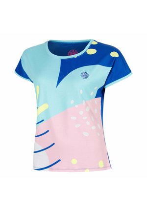 Chemisier femme à manches courtes avec motif géométrique abstrait bleu, rose, jaune et blanc, doté d'un col rond.