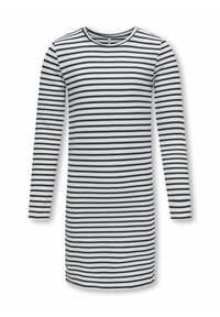 Abito a maniche lunghe in tessuto a costine con righe orizzontali blu navy e bianche. Collo rotondo e spacchi laterali all'orlo.