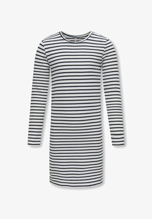Abito a maniche lunghe in tessuto a costine con righe orizzontali blu navy e bianche. Collo rotondo e spacchi laterali all'orlo.