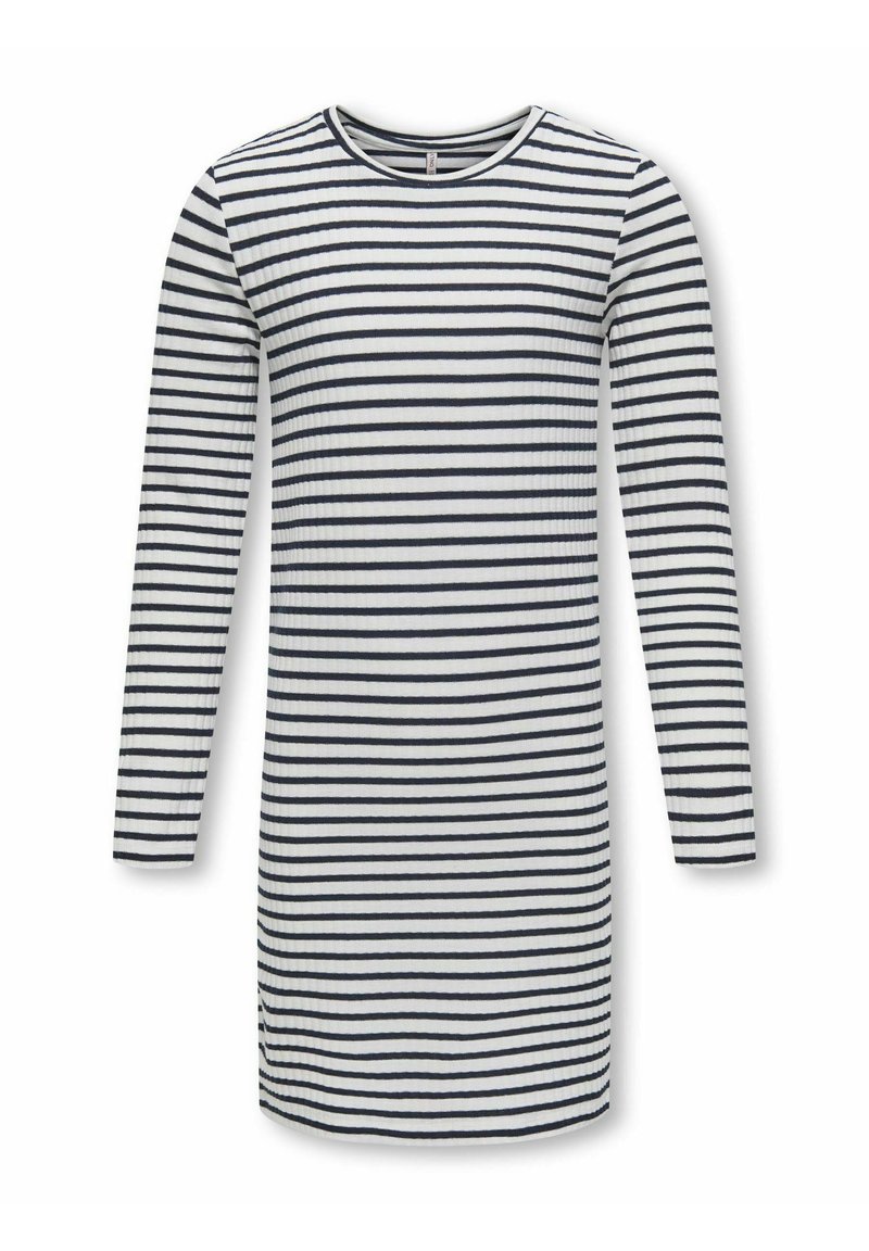 Abito a maniche lunghe in tessuto a costine con righe orizzontali blu navy e bianche. Collo rotondo e spacchi laterali all'orlo.