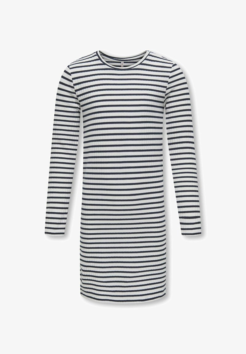 Abito a maniche lunghe in tessuto a costine con righe orizzontali blu navy e bianche. Collo rotondo e spacchi laterali all'orlo.