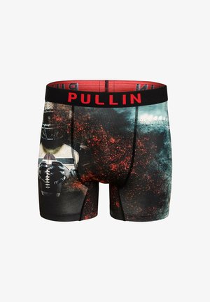 Boxer-briefs en tissu extensible avec une base noire et un motif de football, des accents rouges, et une ceinture noire contrastante avec le texte "PULLIN".