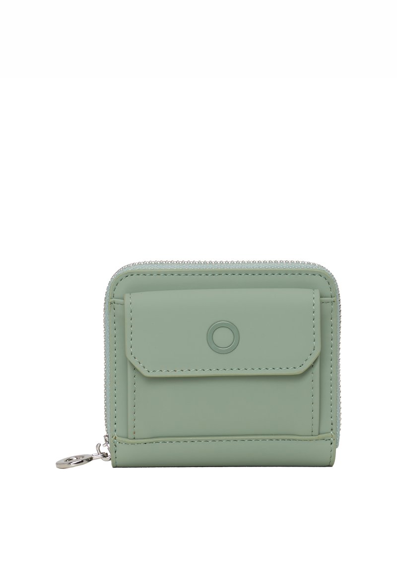 Portafoglio verde menta realizzato in materiale sintetico liscio, con chiusura a zip, tasca anteriore con patta e dettagli cuciti. Accento circolare sulla patta.