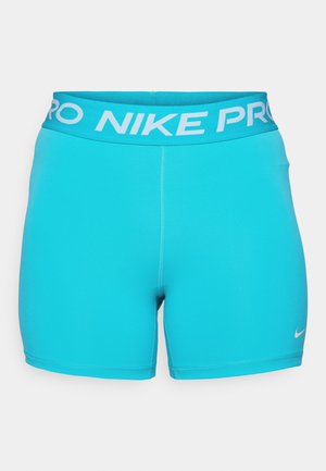 Turquoise athletic shorts with a wide waistband featuring "NIKE PRO" in white. Made from smooth fabric with a fitted design.