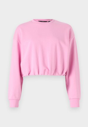 Sudadera corta rosa con mangas largas, cuello redondo y dobladillo elástico. Textura suave, diseño casual adecuado para conjuntos en capas.