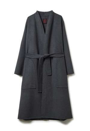 Charcoal gray robe made of soft wool blend, featuring a wrap design, long sleeves, two front pockets, and a matching belt.
