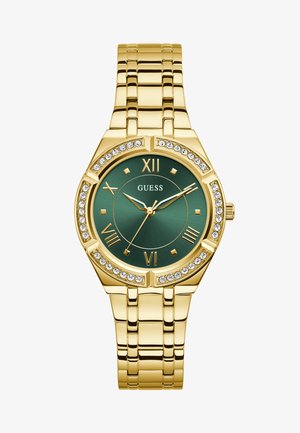 Gold-tone wristwatch with a green dial, Roman numeral markers, and crystal accents. Features a shiny metal link bracelet and round case.