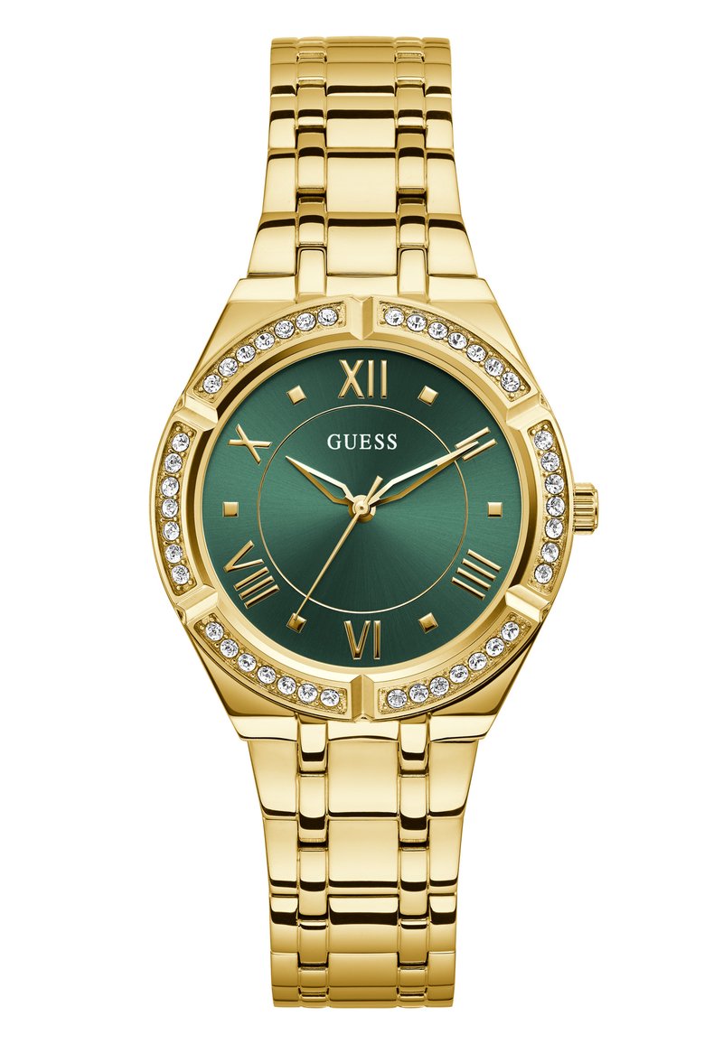 Gold-tone wristwatch with a green dial, Roman numeral markers, and crystal accents. Features a shiny metal link bracelet and round case.