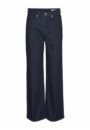 Džíny s širokými nohavicemi v tmavě modrém denimu, s vysokým pasem, pěti kapsami a kovovými doplňky. Hladká textura s klasickým designem.