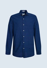 Laivastonsininen napillinen paita kevyestä kankaasta, jossa on pieni kukkakuvio, pitkät hihat ja klassinen kaulus.