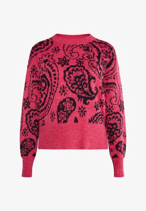 Rózsaszín kötött pulóver fekete paisley mintával. Kerek nyakkivágással és bordás alsó résszel és mandzsettákkal rendelkezik, így textúrált megjelenést biztosít.