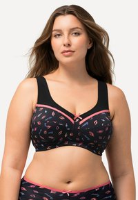Zwarte bh met een kleurrijk patroon van lippen en iconen, roze accenten op de bandjes en zachte stof. Beschikt over brede verstelbare bandjes en een haaksluiting.